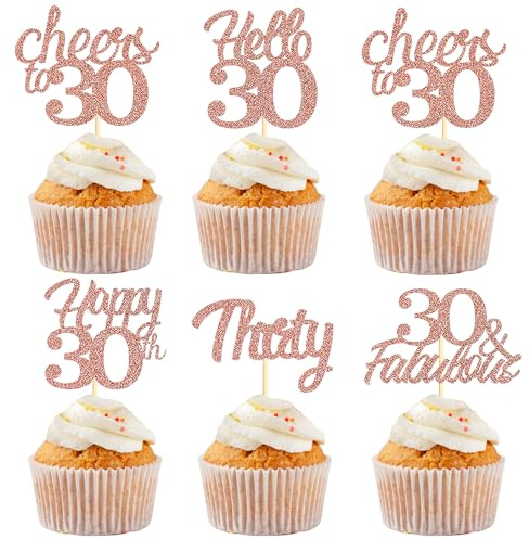 Sotpot 30PCS Happy 30th Birthday Cupcake Toppers Rose Gold Glitter 30 Fabulous Cheers to 30 Cupcake Decorations for 30th Birthday Anniversary Party Supplies