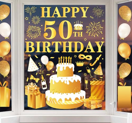 Whaline 6 Sheets 50th Birthday Window Clings Foil Gold Birthday Cake Balloon Firework Reusable Window Decals for 50 Years Birthday Party Supplies Home School Decor