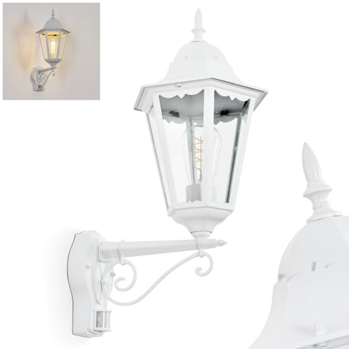 HOFSTEIN Außenwandleuchte Hongkong, Außenwandlampe mit Bewegungsmelder aus Metall/Glas in Weiß/Klar, Wandleuchte außen Vintage/Antik/Landhaus, E27, IP44, Garten, Hof, Außenbereich, Haustür