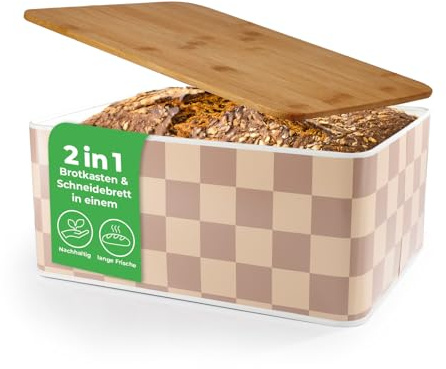Lumaland Boîte à pain rectangulaire en métal avec couvercle en bambou - 8 l - Couvercle en bois multifonction - Boîte à pain 2 en 1 et planche à découper