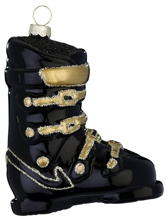 Christbaumschmuck Glas 10cm - Skistiefel Figur zum Aufhängen - handbemalt - Weihnachtsbaum Anhänger für Weihnachten - Christbaumanhänger & Weihnachtsbaumschmuck - Sport Schuhe Schwarz Gold