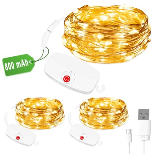 AdalyRoma 3 Stück Mini Lichterkette aufladbar, 3M 30LED, Warmweiß | 8 Modus mit Timing, Akkulaufzeit 60Std, Timer-Modus hält bis zu 8 Tage, Abnehmbares Batteriefach