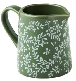 Pot à lait festif en grès vert avec motif floral blanc, décoration de table de Noël