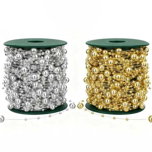 OIXYEY 2 Stück 8M Perlengirlande Weihnachten, Perlenband,Silber Perlenkette Weihnachtsbaum, Perlenband Perlenkette Deko, Schwimmkerzen, Vorhang Perlen Für Weihnachten Hochzeit Party