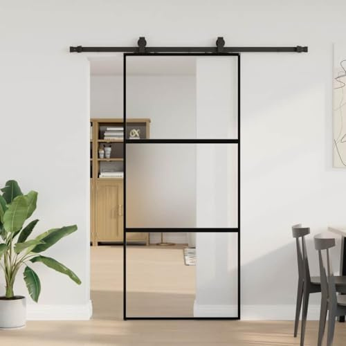 ACAGALA Glasschiebetür Komplettset 90x205 cm, Schiebetürsystem Inkl. Schiebetürbeschlag, Zimmertüren Schiebetür aus Hartglas, Gleitschiene 183, Schwarz, Matt und Transparent