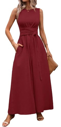 LIAMERHE Vestido Verano Mujer Largo Elegante Maxi Vestido Sin Mangas con Bolsillos y Cinturón Vestidos Línea A Cuello Redondo Casual Chic para Playa Fiesta Boda Invitada Cómodo