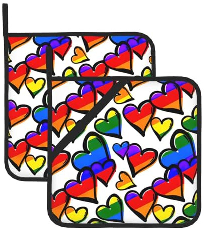 Set di 2 presine decorative per cucina, resistenti al calore, con stampa a cuori, colori arcobaleno, per cucina, pasticceria, decorazioni per le vacanze