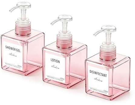 3 styck Såpdispenser, Badrumssåpdispenser 250 ml med Etikett för Bad, Dusch, Kök, Schampo och Duschtvå - Rosa genomskinlig