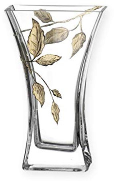 Quality Contemporary Gold Leaf Tendril Flat Flare Column Flower Vase - Mouth Blown Hand Decorated Glass - Ideal Golden Anniversary 50th Wedding Gift 23cm