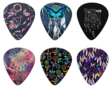 Howilath Dreamcatcher Gitarrenplektren mit Federn, ABS-Kunststoff, tolles Geschenk für Gitarren und Liebhaber, 6 Stück