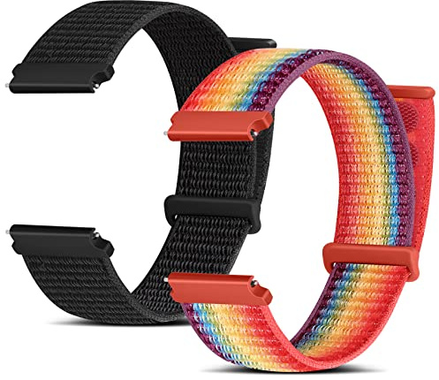 Huamanlou Nylon-Uhrenarmbänder, 16 mm, 18 mm, 20 mm, 22 mm, Schnellverschluss-Armband für Damen und Herren, verstellbar, atmungsaktiv, gewebt, 2 Stück, Dunkelschwarz + offizieller Regenbogen, 16 mm