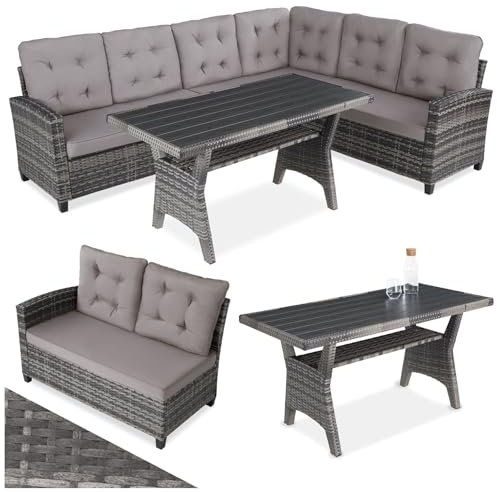 tectake® Gartenbank, Set mit Bank und Esstisch, Rattan Eckbank Outdoor Lounge, Sitzecke wetterfest als Gartenlounge, Balkon Möbel, Wintergarten, Terrasse - grau