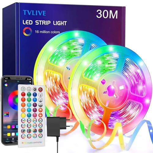Strisce LED TVLIVE 30M, con Telecomando, Rgb, Musica Sincronica, Controllo App, 28 Modalità di Illuminazione, Luci per Camera Da Letto, Feste TV Cucina