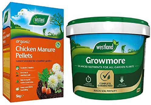 Outdoor Plants Food Fertilizer Bundle - 8kg Multipurpose Grownmore Plant Food Granules & 5kg Chicken Manure Pellets. Fertiliser for Vegetables, Garden Plants with Topline Card.