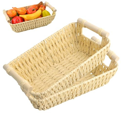 Focenat 2 Stück Badkorb Aufbewahrung geflochten,Dekokorb geflochten mit Doppelgriff,Aufbewahrungskorb Regalkorb,Set Rattankorb aus gewebtem,Ideal zur Aufbewahrung diverser Gegenstände