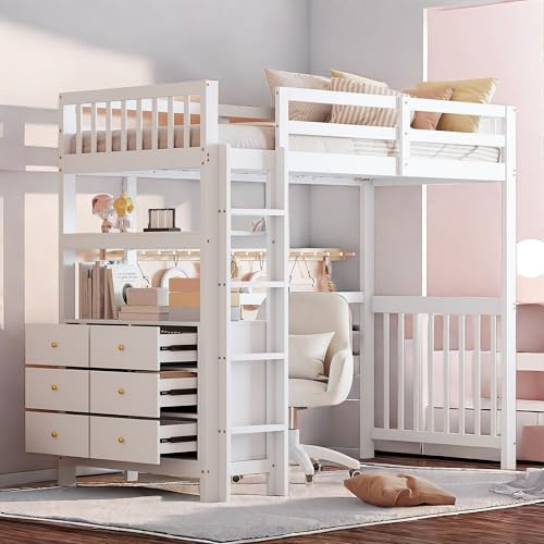 Sapgaks Etagenbett für Kinder, 90 x 200 cm, mit Schubladen und Regalen, Hüttenbett für Kinder, Hochbett, 1 Platz mit Barriere, Zwischengeschoss, Treppe, Weiß