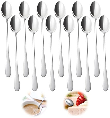 12 Stück Latte Macchiato Löffel, Eislöffel Lang Longdrinklöffel aus Edelstahl, Kaffeelöffel Teelöffel Dessertlöffel Espressolöffel Lange Löffel für Cocktail Kaffee Tee Latte Macchiato Eisbecher