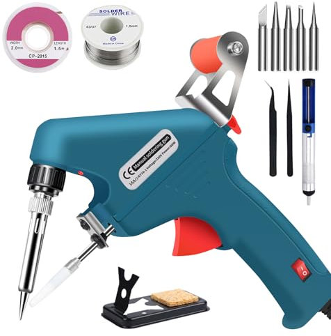 60W Lötkolben Set Automatische Elektronik Lötpistole Kit mit Entlötpumpe, Pinzette, Handheld Entlöten Zinnpistole für Schmuck, Heimwerker, Leiterplattenreparatur (Blau)