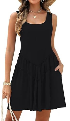 Satohom Sommerkleid Damen Ärmelloses Freizeit Knielang Kleider Einfarbig Lose Boho Blusenkleid Strandkleid Casual U-Ausschnitt Elegant Midi Kleid A-Linie Kleider mit Tasche Wickelkleid S-XL