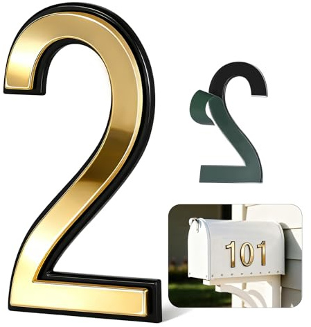 4 Inch Gold House Numbers for Outside, VONDERSO Self-Adhesive Mailbox Numbers with Exclusive Electroplated Finish and Durable ABS Base, for House Plaques, Mailbox, Yard, Garage – Plaque Number ‘2’
