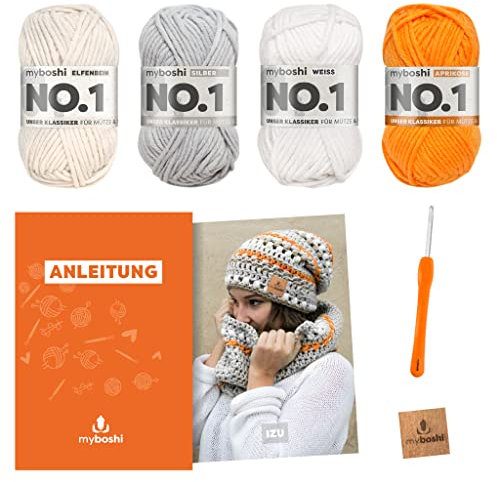 myboshi Häkelset Mütze Izu und Schal Settsu, Häkelset für Anfänger, inkl. No.1 Wolle, Nadel und Anleitung, für Mütze und Schal, Häkelpaket, 30% Merinowolle Weiß, mit Häkelnadel