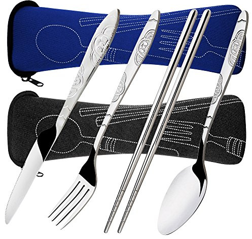 SENHAI 8-teiliges Besteck-Set, Messer, Gabel, Löffel, Essstäbchen, 2 Stück, rostfreies Edelstahl-Geschirr, Geschirr mit Tragetasche für Reisen, Camping, Picknick, Arbeit, Wandern