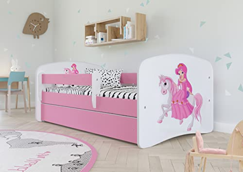 Bjird Kinderbett Jugendbett 70x140 80x160 80x180 Rosa mit Rausfallschutz Schublade und Lattenrost Kinderbetten für Mädchen - Prinzessin auf dem Pony 180 cm