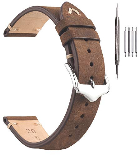 Crazy Horse Öl-Wachs Leder Uhrenarmband für Herren Damen, Vintage, 18-22mm | Weiches Kalbslederfutter, Serafil-Nähte, polierte Edelstahlschließe, Vintage-Look, Werkzeug inklusive