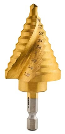 NEIKO 10174A Quick Change Spiral Grooved Step Drill Bit | 10 Step Drill Bit Sizes in One - 1/4 to 1-3/8 | High-Speed Steel and Titanium Nitride Coating | Two-Flute Design