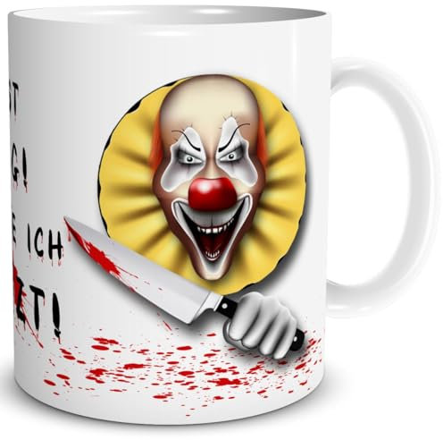 TRIOSK Tasse Horror Clown mit Spruch Du bist lustig Dich töte ich zuletzt Geschenk Spaßtasse für Arbeit Büro Männer Frauen Freunde Kollegen, Keramik 300ml