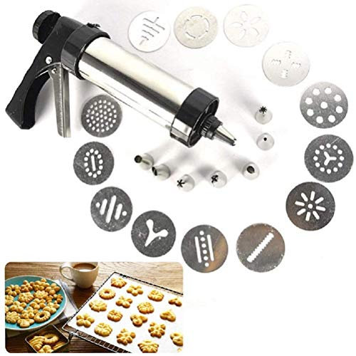 Calayu, siringa da Pasticceria in Acciaio Inox con 8 ugelli e 13 Stencil, Set di stampi per Ciambelle, siringa per Dolci, pressa per Dolci, Utilizzabile con Una Sola Mano, per Decorare Torte