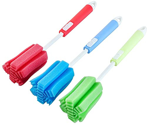 3 Pcs Bottles Dishwashing Foam Sponge Brush with Adjustable Long Handle For Coffee Glasses Pot Milk Cup Mugs Wine Bottle Baby Bottles Kitchen Clean(Color Random)