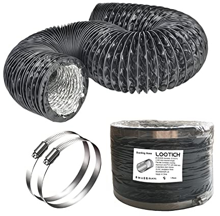 LOOTICH Strong 8 Inch Air Duct 8 FT Long Black PVC Flexible Aluminum Ducting with 2 Stainless Steel Clamps 4 Layer HVAC Ventilation Hose for Grow Tents Dryer Rooms House Vent Register Lines