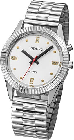 VISIONU Deutsch Sprechende Armbanduhr mit Weckerunktion, Ansage von Uhrzeit und Datum, Weiß- Ziffernblatt