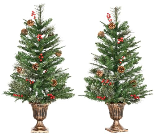 HOMCOM Juego de 2 Piezas de Árbol de Navidad Artificial 90 cm con Maceta | Ignífugo, 110 Ramas, 10 Bayas, 8 Piñas, Hojas de PVC, Decoración Navideña, Interiores, Verde