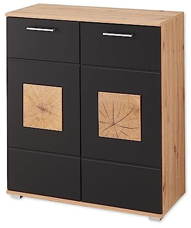 Stella Trading Schuhschrank in Schwarz, Artisan Eiche Optik mit Hirnholz-Applikationen - Modernes Schuhregal mit viel Stauraum für Ihre Schuhe - 84 x 95 x 38 cm (B/H/T)