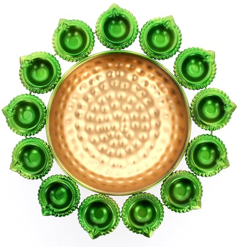 Metal Urli Bowl Diwali Decoration Diya Lamp Holder for Tea Lights Floating Candles Flowers Diyas Traditional Indian Festival Navratri Decorative for Home Wedding Table Décor Gift (Green - Medium)