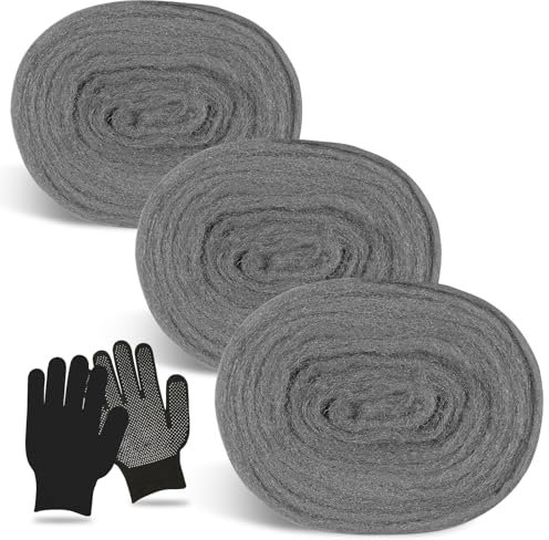 TOKIISHE 3 Pcs Steel Wire Wool, 3.5 Meter 0000 Fine Wire Wool Wall Hole Fill Fabric DIY Kit with Gloves for Keeps Rodent Control and Insect Pest, Sealing Gaps, Cleaning, Rust, Polishing