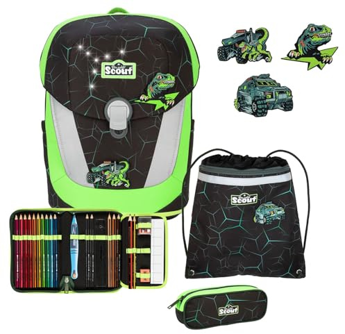SCOUT Schulranzen LED Sunny II Set 5-teilig Dino Hunter dunkelgrau