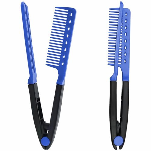 2-Pack Hair Straightening Comb Set - Flat Iron Comb for Beautiful Tresses, Straightener with Firm Grip, Ideal for Knotty Hair and Styling (Blue)