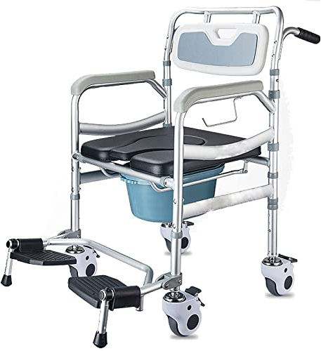 4 in 1 Nachttisch Toilettenstuhl, Umzug Transport Duschrollstuhl mit 4 feststellbaren Dämpferrädern, Aluminiumlegierung Toilettenrollstuhl, Faltbare Fußpedale