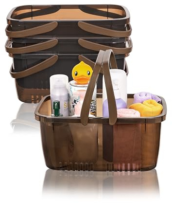 Cetomo Cesta de Ducha de Plástico con Asa Plegable, Caja Portátil con Orificios de Drenaje en la Base para Baño, Cocina, Residencia Estudiantil, Gel de Ducha, Champú, Marrón Transparente(Paquete de 4)