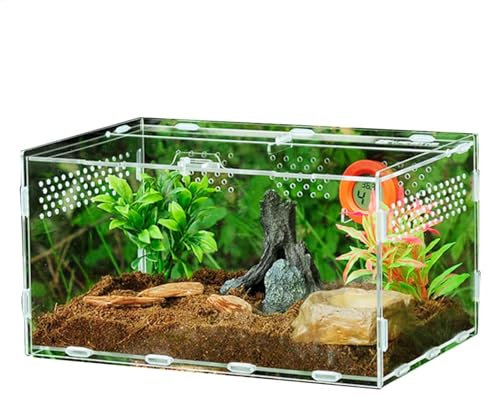 Reptilien-Terrarium-Zuchtbox – transparente Acryl-Fütterung, Lebensraum klarer Tank | Eidechsen, Schlangen, Schildkröten, Skorpione, Spinnen, langlebiger Käfig, drehbar, Luftpolsterbeutel, Verpackung