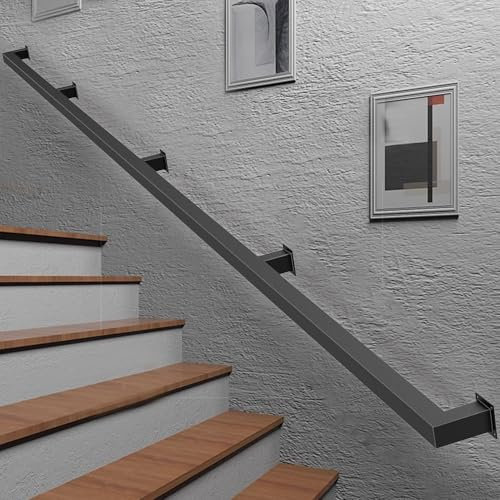 Corrimano industriale per scale per interni ed esterni, in metallo nero, ringhiera in ferro battuto con supporto a parete, lunghezza 200 cm