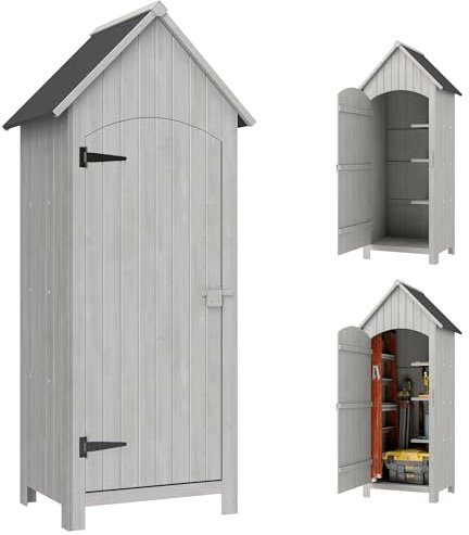 Outsunny casetta da giardino in legno armadio da giardino all'aperto con tetto in asfalto 3 ripiani porta con chiavistello deposito all'aperto per terrazza 77,5 x 54,2 x 179,5 cm grigio