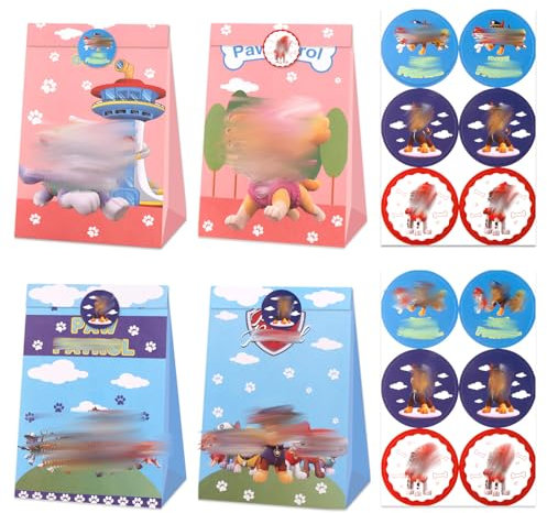 12 Stück Paw Geschenktüten mit 12 Aufkleber, Cartoon Dog Mitgebsel Papiertüten Geschenktüten Kindergeburtstag, Party Süßigkeiten Tüten zum Befüllen mit Spielzeug Souvenir für Geschenkverpackungen