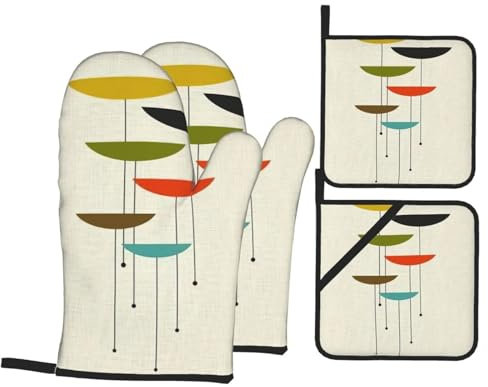 4 guanti da forno e presine di Natale con stampe moderne di metà secolo, resistenti al calore, ideali come regalo per cucinare