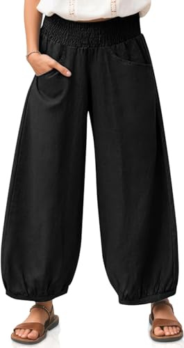 TARSE Women Linen Pants 2025 Summer Wide Leg Casual Loose Boho Wide Leg High Waisted Harem Pant with Pockets, Black, M