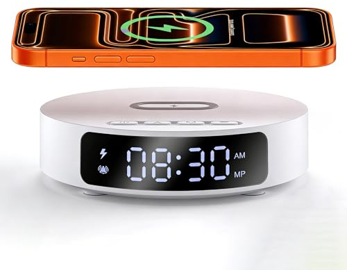 Fast Wireless Charger with Alarm Clock,20W Max Wireless Charging Pad Compatible with iPhone 17/17 Pro/16/15/14/13/12/SE;Wireless Charge Mat for Samsung Galaxy S25/S24/Note,Pixel/LG -White