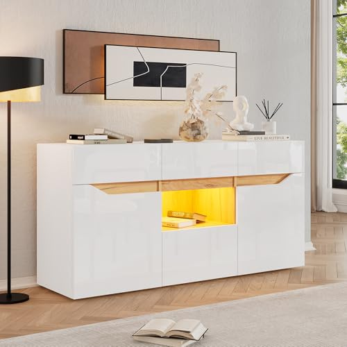 Merax Sideboard in Hochglanz Weiß, Moderne Kommode Aufbewahrungsschrank mit LED-Beleuchtung, Küchenschrank Buffetschrank mit 2 Türen, 4 Schubladen, Mehrzweckschrank für Esszimmer, Wohnzimmer, Küche
